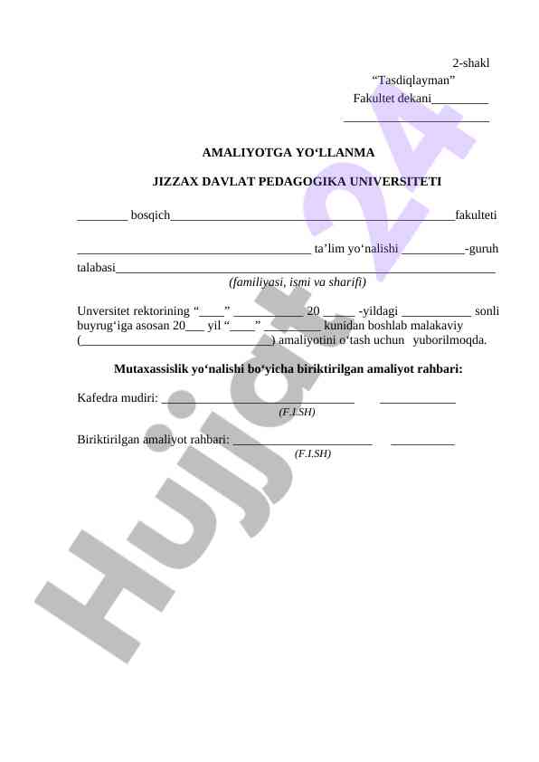 Amaliyotga yo‘llanma va dalolatnoma