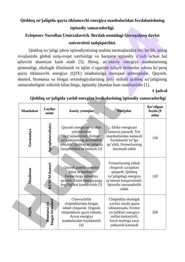 Qishloq xo‘jaligida qayta tiklanuvchi energiya manbalari