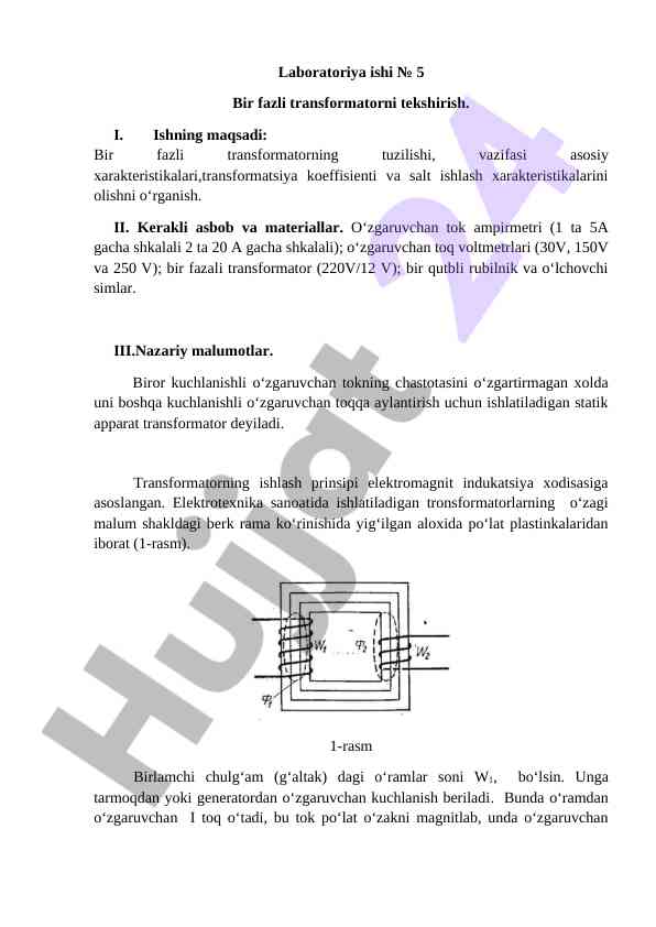 Bir fazli transformatorni tekshirish tajribasi