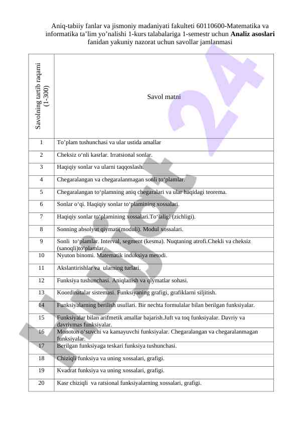 Analiz asoslari fanidan yakuniy nazorat savollari