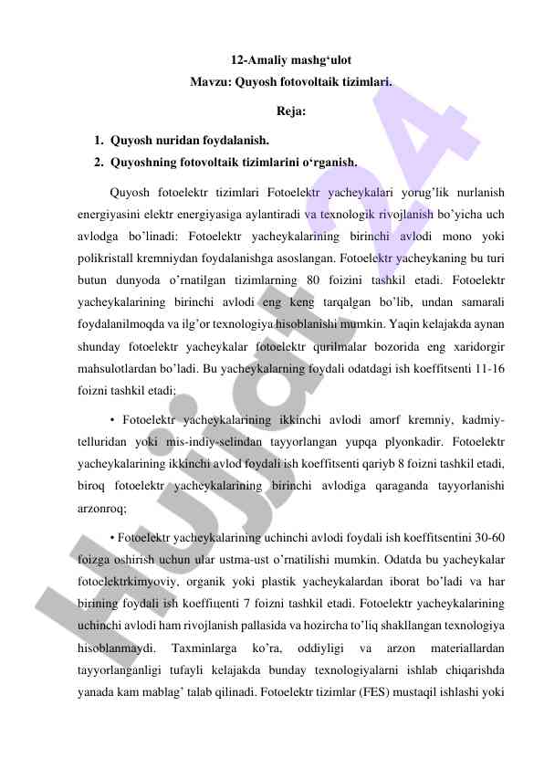 Quyosh fotovoltaik tizimlari o‘rganish