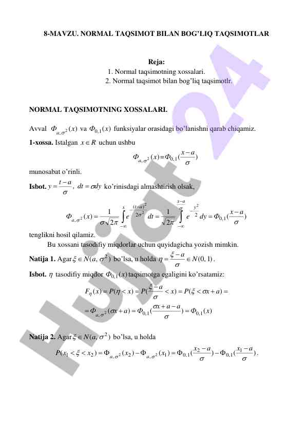 Normal taqsimot bilan bog’liq taqsimotlar
