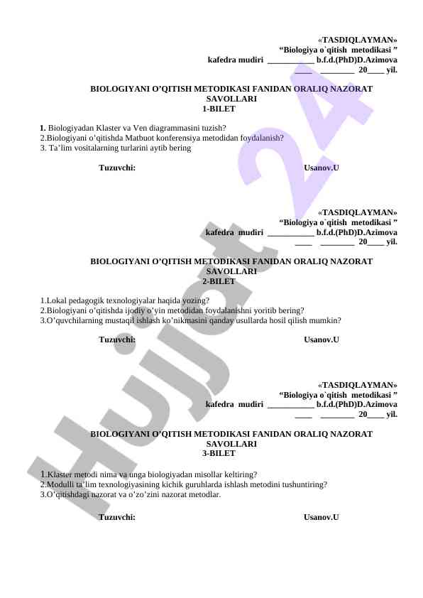 Biologiya o'qitish metodikasi fanidan nazorat savollari