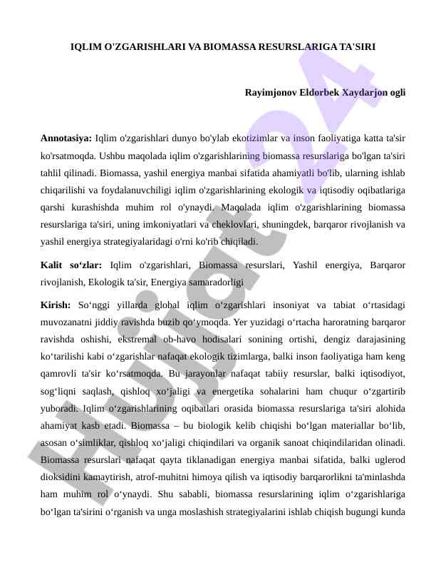 Iqlim O'zgarishlari Va Biomassa Resurslariga Ta'siri