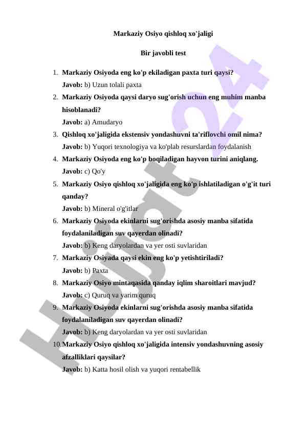 Markaziy osiyo qishloq xo'jaligi testi