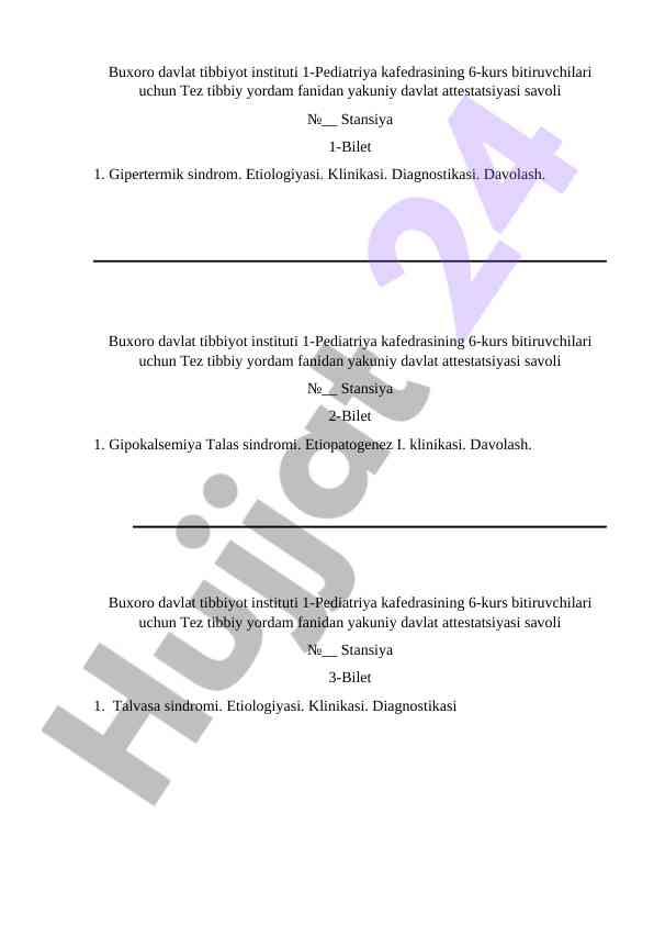 Tez tibbiy yordam fanidan yakuniy davlat attestatsiyasi savollari