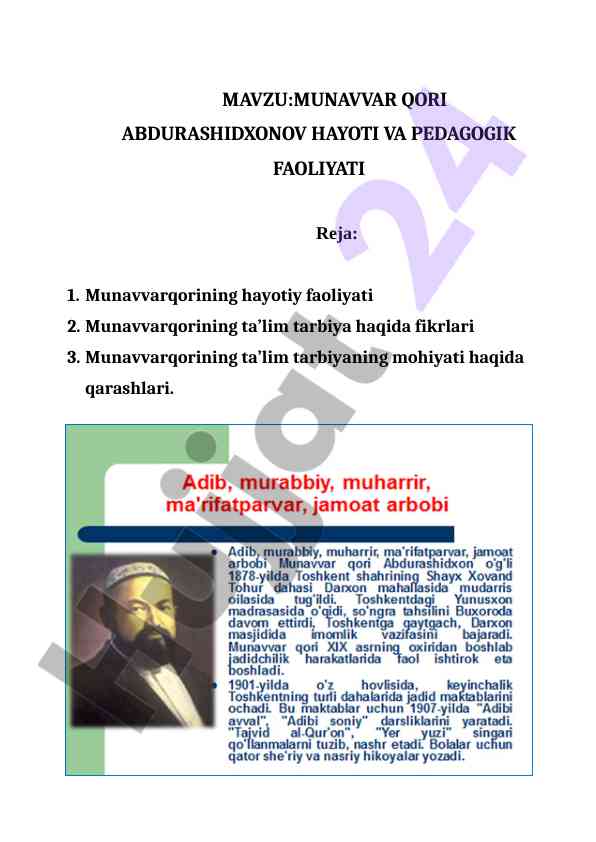 Munavvar qori abdurashidxonovning hayoti va faoliyati