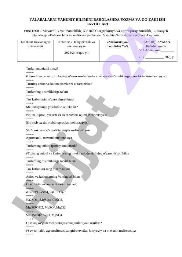 Dehqonchilik va melioratsiya fanidan test savollari