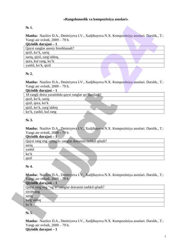 Rangshunoslik va kompozitsiya darsligi test savollari