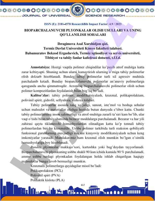 Bioparchalanuvchi plyonkalar olish usullari va qo'llanilishi