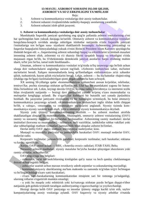 Axborot sohasini isloh qilish va erkinlikni ta'minlash