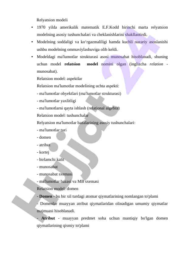 Relyatsion modeli va asosiy tushunchalari