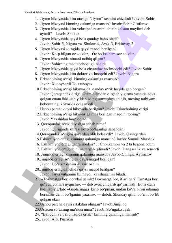 Jiyron hikoyasi va erkacholning o‘rigi tahlili