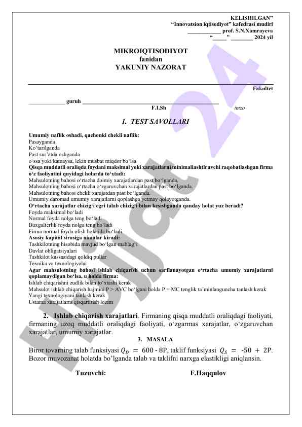 Mikroiqtisodiyot fanidan yakuniy nazorat savollari