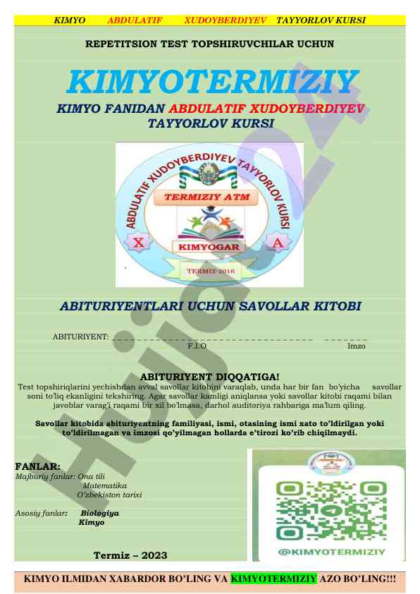 Kimyo fanidan testlar kitobi abituriентlar uchun