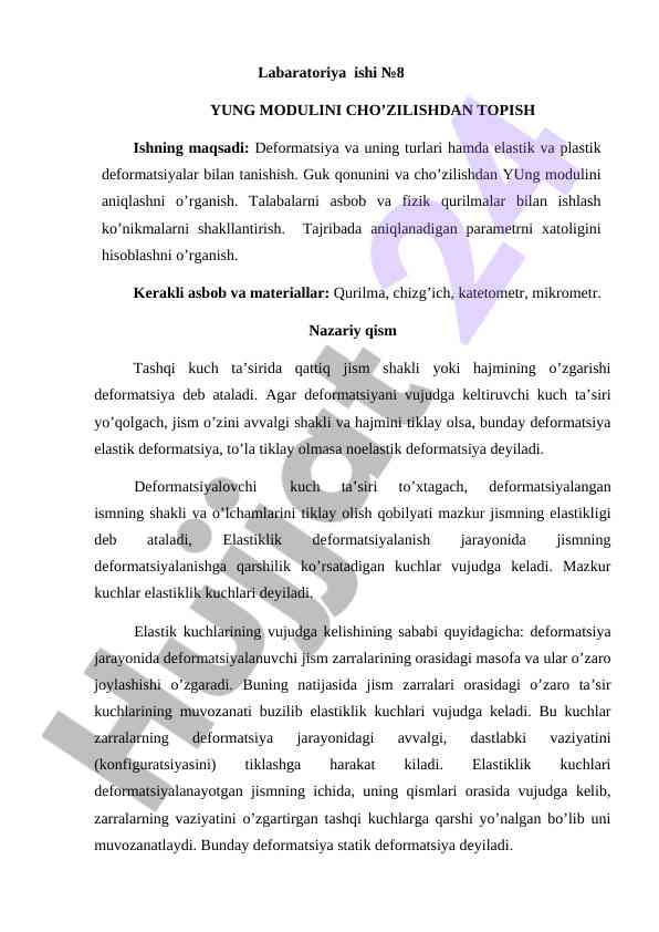Yung modulini cho'zilishdan topish laboratoriya ishlari