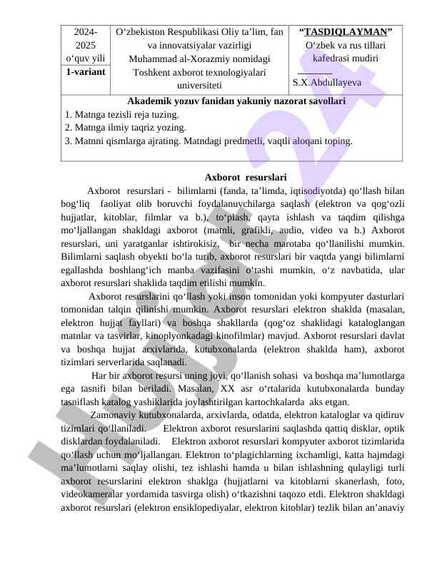Axborot resurslari va ularning qo‘llanilishi
