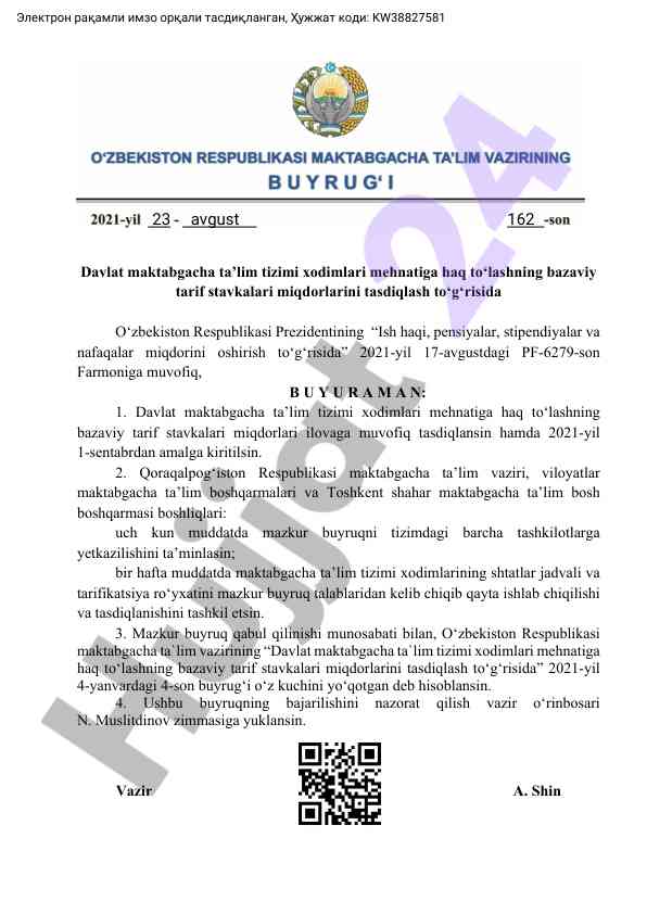 Davlat maktabgacha ta'lim tizimi xodimlari haq to'lash