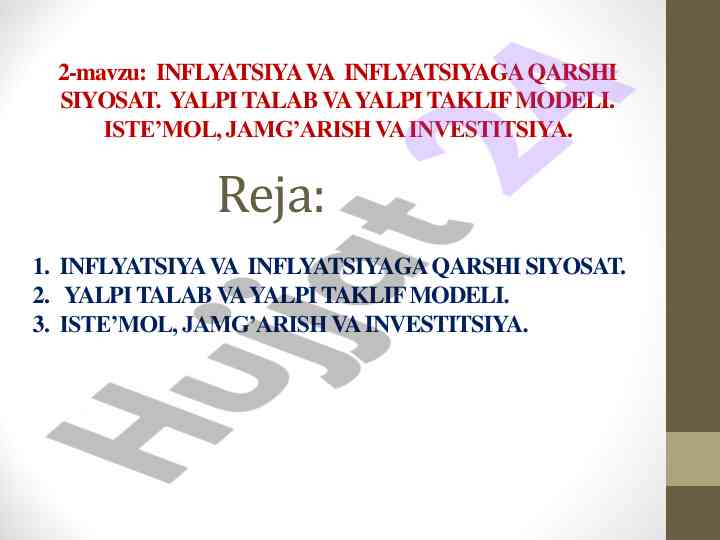 Inflyatsiya va inflyatsiyaga qarshi siyosat mutaxassislik yuzasidan
