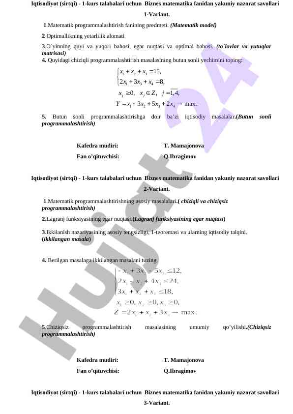 Biznes matematika fanidan yakuniy nazorat savollari