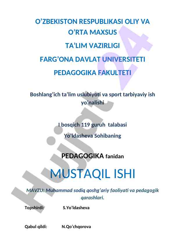 Muhammad sodiq qoshg‘ariy pedagogik qarashlari