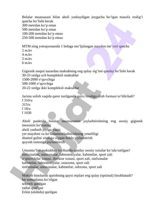 Bolalar muassasasi joylashuvi uchun gigienik mezonlar