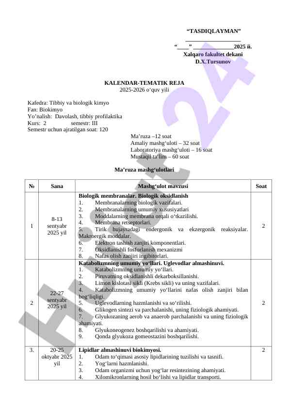 Kalendar-tematik reja 2025-2026 o‘quv yili biokimyo