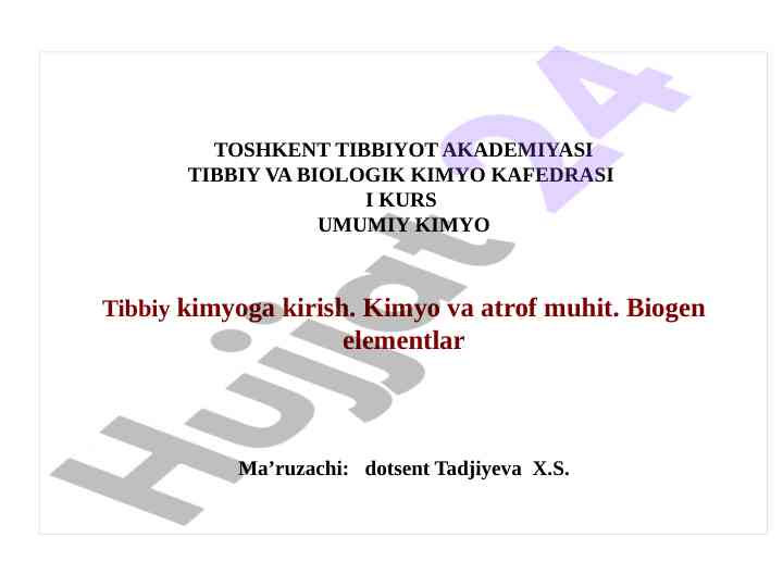 Tibbiy kimyoga kirish dars ishlanmasi