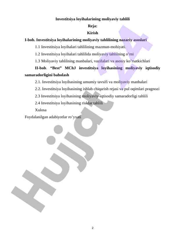 Investitsiya loyihalarining moliyaviy tahlili