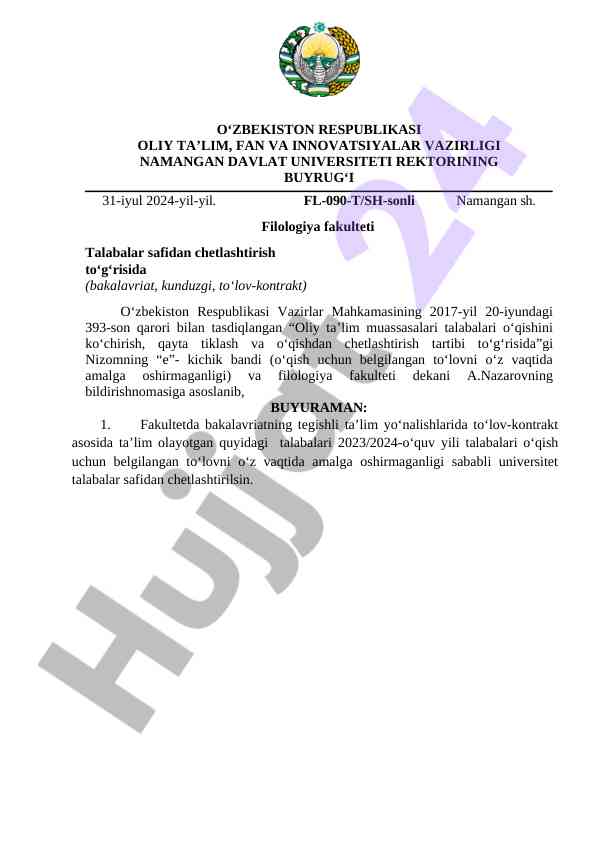 Oliy ta'limda talabalarni chetlashtirish buyrug'i