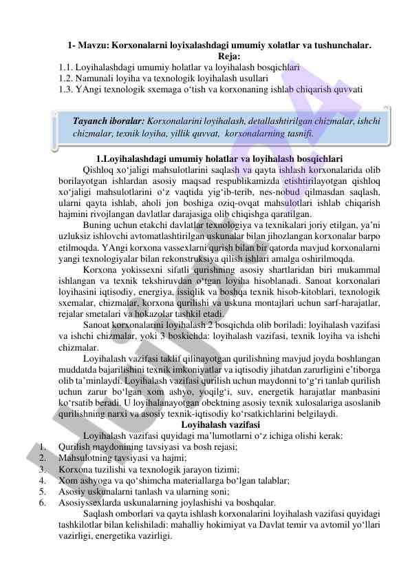 Korxonalarni loyihalash va umumiy tushunchalar