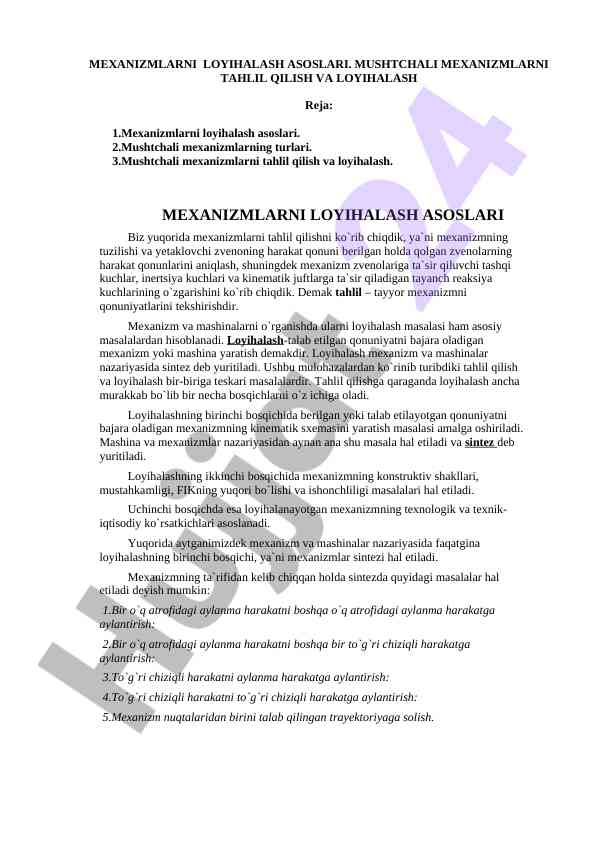 Mexanizmlarni loyihalash asoslari