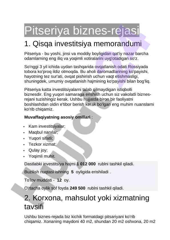 Pitseriya biznes-rejasi: investitsiyalar va strategiya
