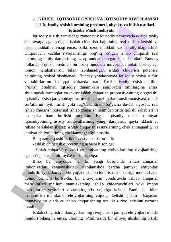 Iqtisodiy o‘sish va rivojlanish tahlili