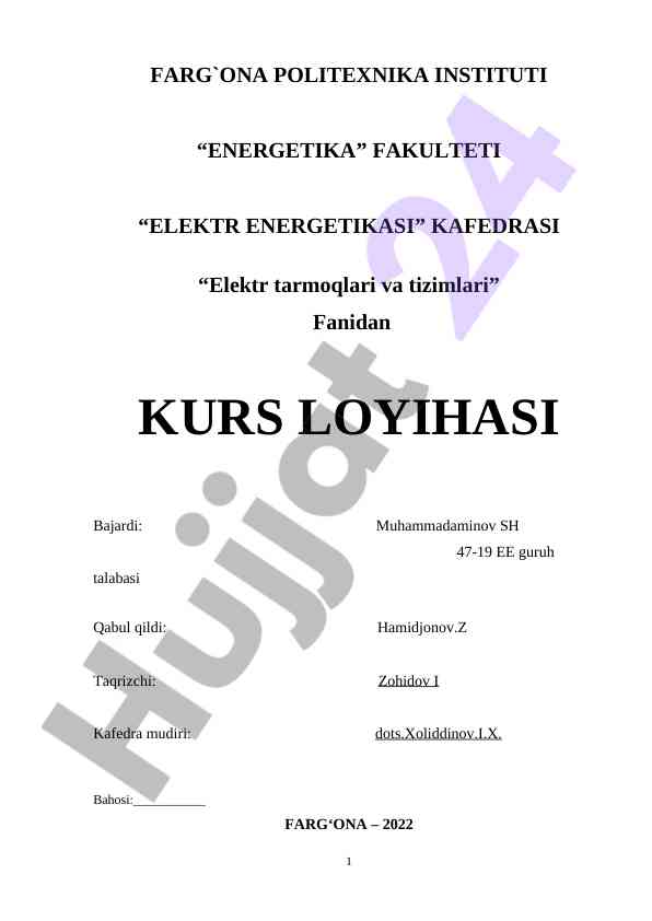 Elektr energetikasi fanidan kurs loyihasi