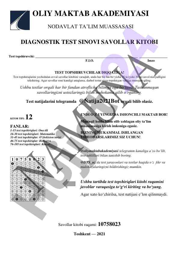 Diagnostik test sinovi savollar kitobi