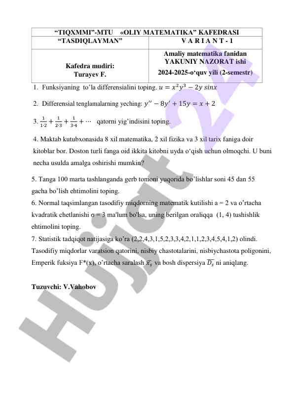 Amaliy matematika fanidan yakuniy nazorat ishi