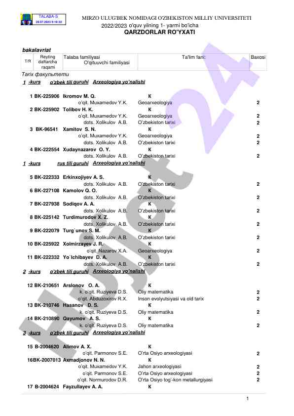 Talabalar qarzdorlar ro'yxati 2022/2023 o'quv yili
