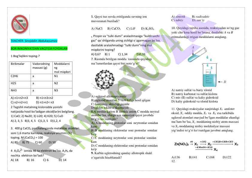 Kimyo fanidan test savollari