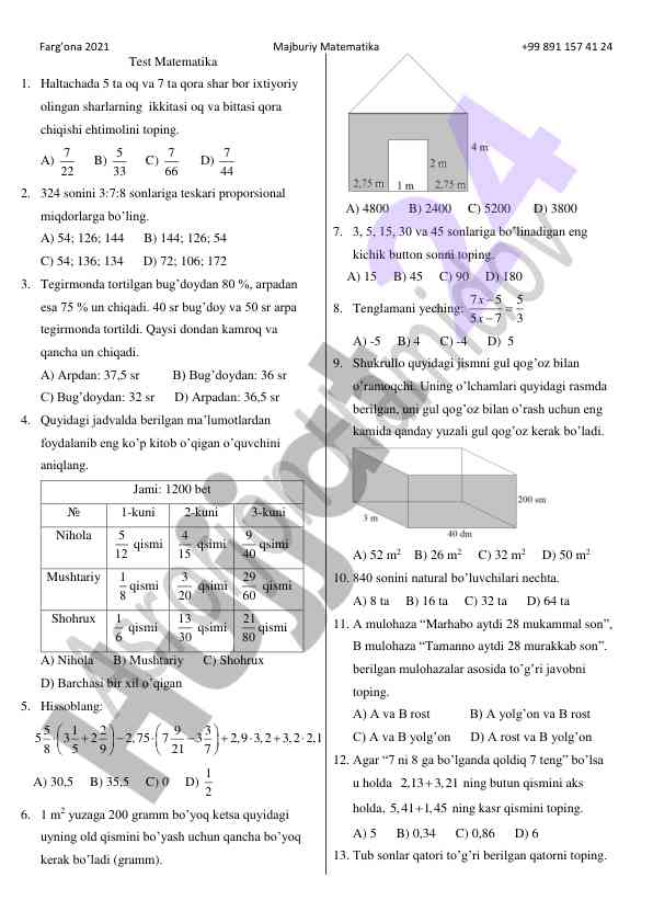 Matematika test savollari va hisoblash misollari