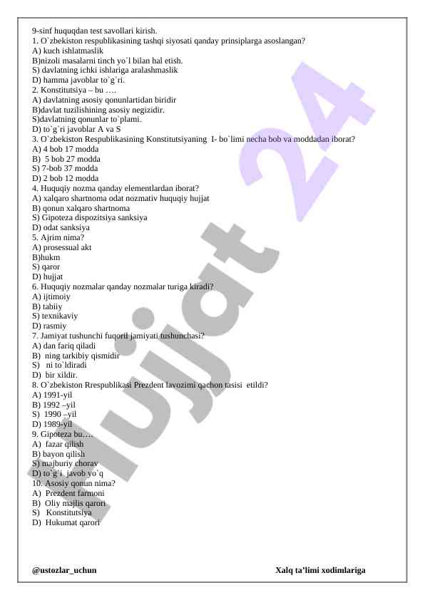 O'zbekiston huquqidan test savollari 9-sinf