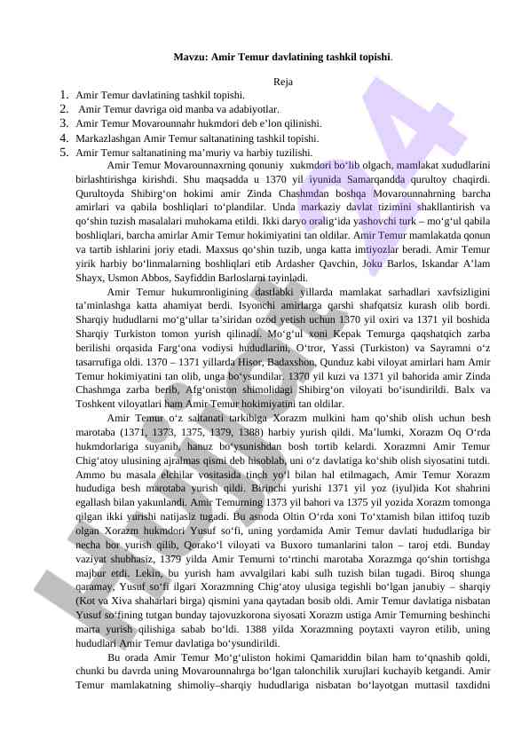 Amir temur davlatining tashkil topishi tarixi