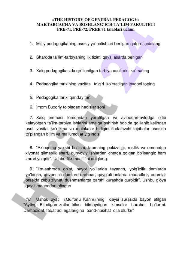 Tarixiy pedagogikaning asosiy yo'nalishlari