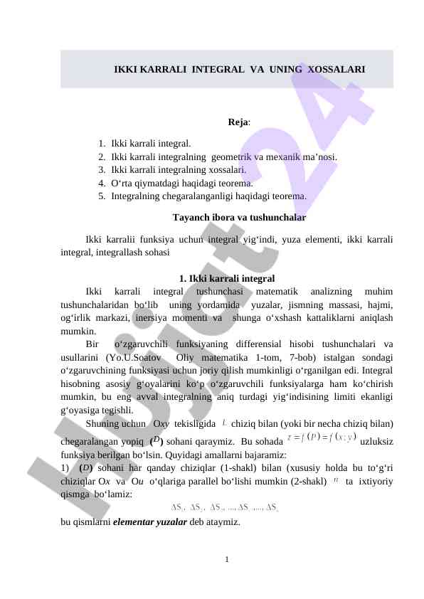 Ikki karrali integral tushunchasi va asosiy gʻoyalari