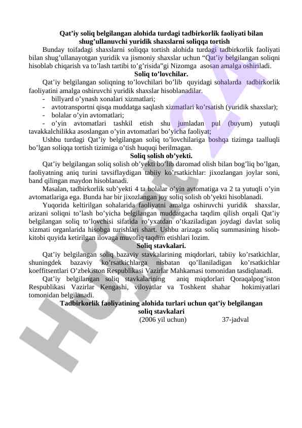 Qat’iy belgilangan soliq tadbirkorlik faoliyati