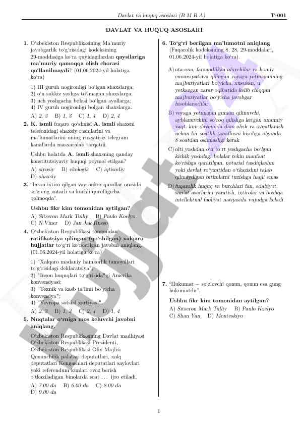 Davlat va huquq asoslari test savollari