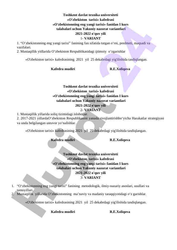 O'zbekistonning eng yangi tarixi kursi nazorati