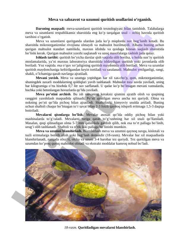 Meva va sabzavotlarni quritish dars ishlanmasi