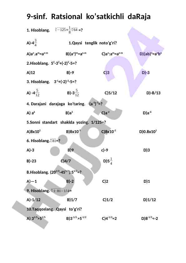 9-sinf matematik hisoblash test savollari