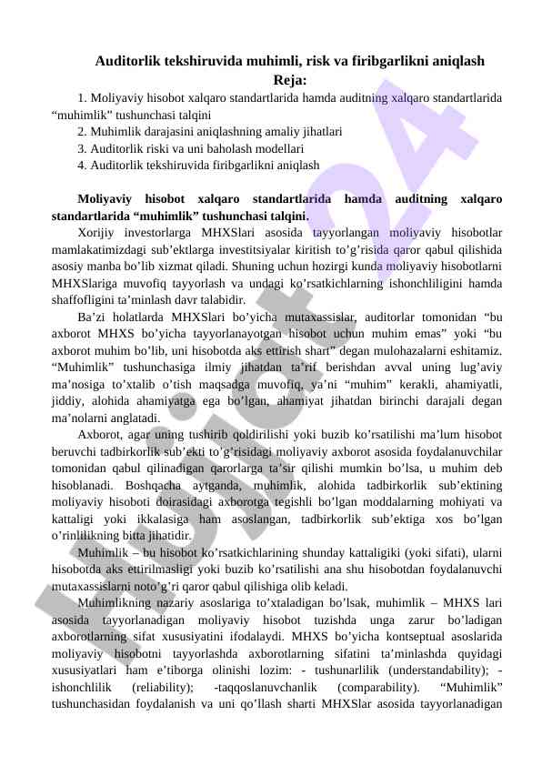 Audit standartlari va muhimlik tushunchasi